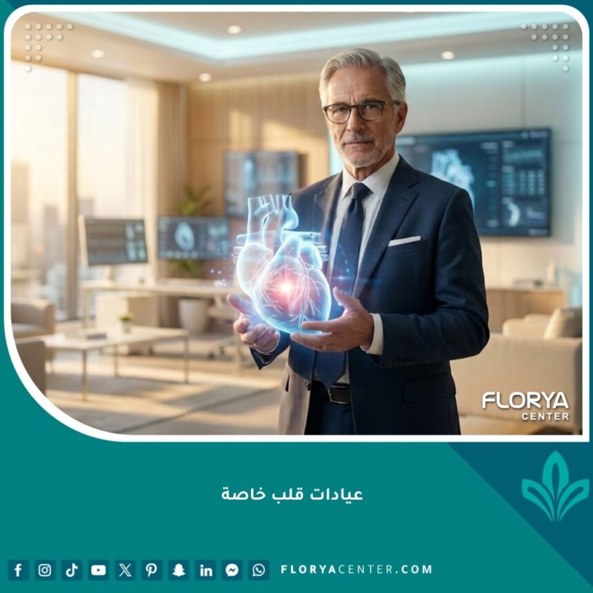 واجهة عيادة قلب خاصة متطورة تظهر طبيب قلب خبير مع تقنيات تشخيص حديثة.