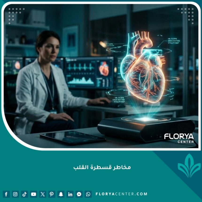 واجهة مقال عن مخاطر قسطرة القلب تظهر تقنيات طبية حديثة وقلب رقمي.