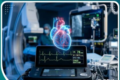 واجهة غرفة عمليات قسطرة القلب الحديثة مع مجسم ثلاثي الأبعاد للقلب يوضح دقة الإجراء الطبي.