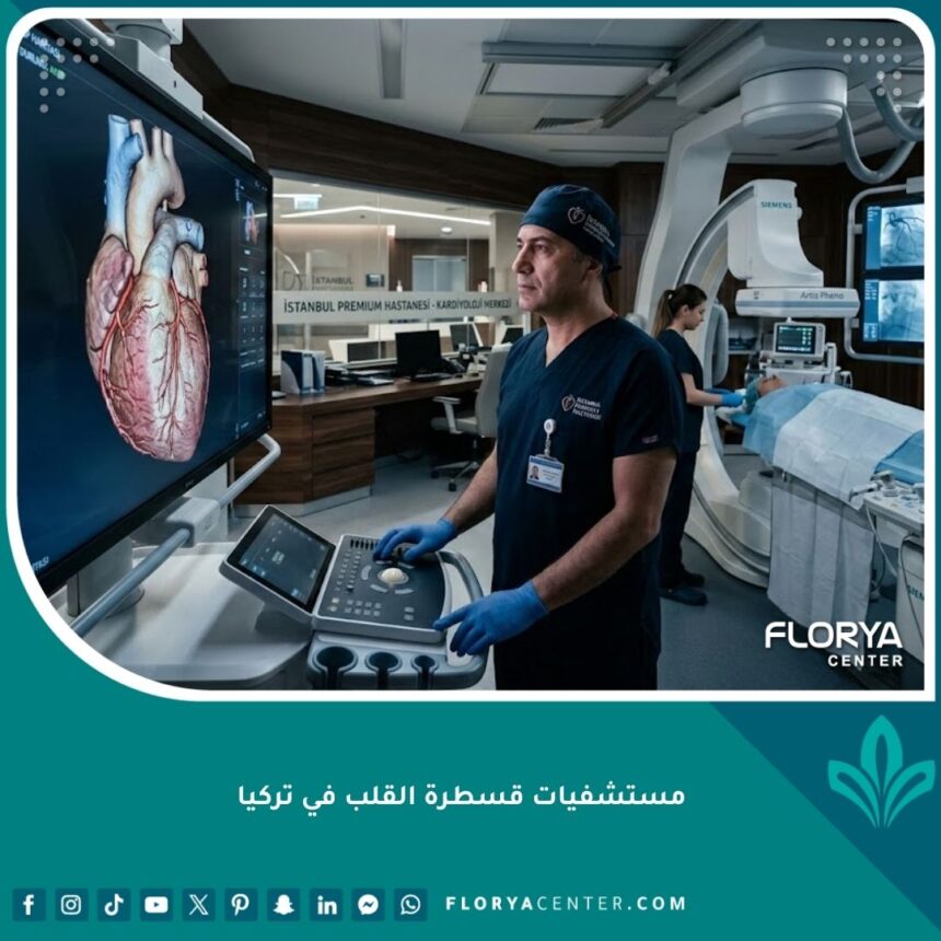 واجهة مستشفى حديث لقسطرة القلب في تركيا يظهر التقنيات المتطورة والكوادر الطبية الخبيرة.