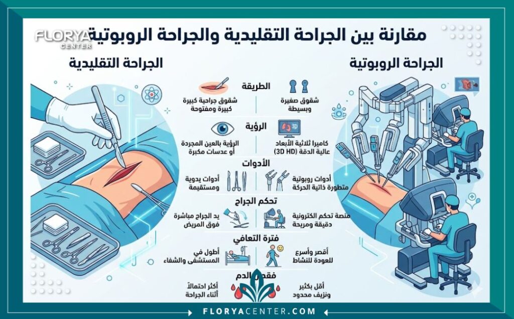 إنفوجرافيك يقارن بين الجراحة التقليدية وجراحة المسالك البولية بالروبوت في تركيا.