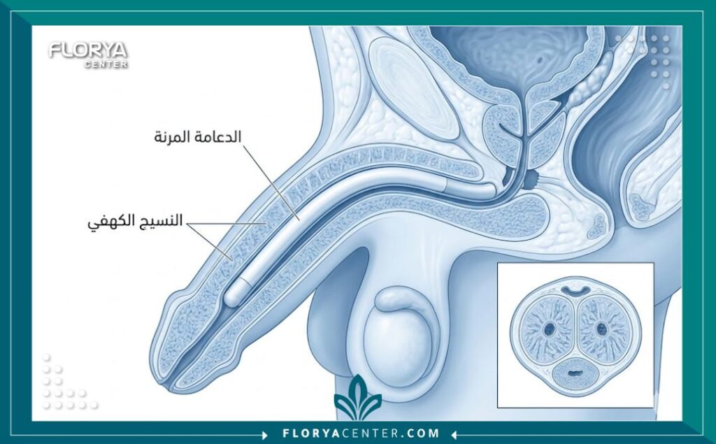 رسم توضيحي طبي يبين كيفية تركيب دعامة الانتصاب المرنة داخل النسيج الكهفي.