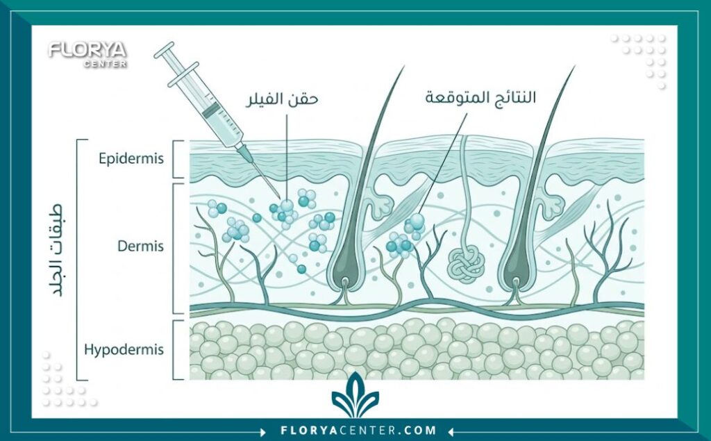 توضيح طبي لكيفية عمل حقن الفيلر في طبقات الجلد للمناطق الحساسة.