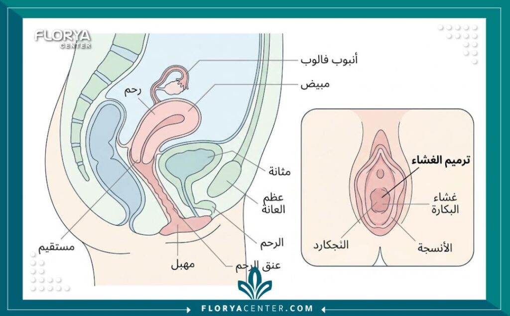 مخطط طبي توضيحي يشرح كيفية إجراء عملية ترميم الغشاء في مراكز التجميل بتركيا.