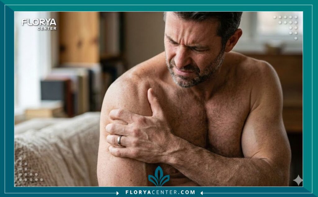 لقطة مقربة لنموذج رجل يعاني من ألم في كتفه الأيسر وذراعه، مع إضاءة جمالية تبرز منطقة الألم كجزء من أعراض مشاكل القلب المحتملة.