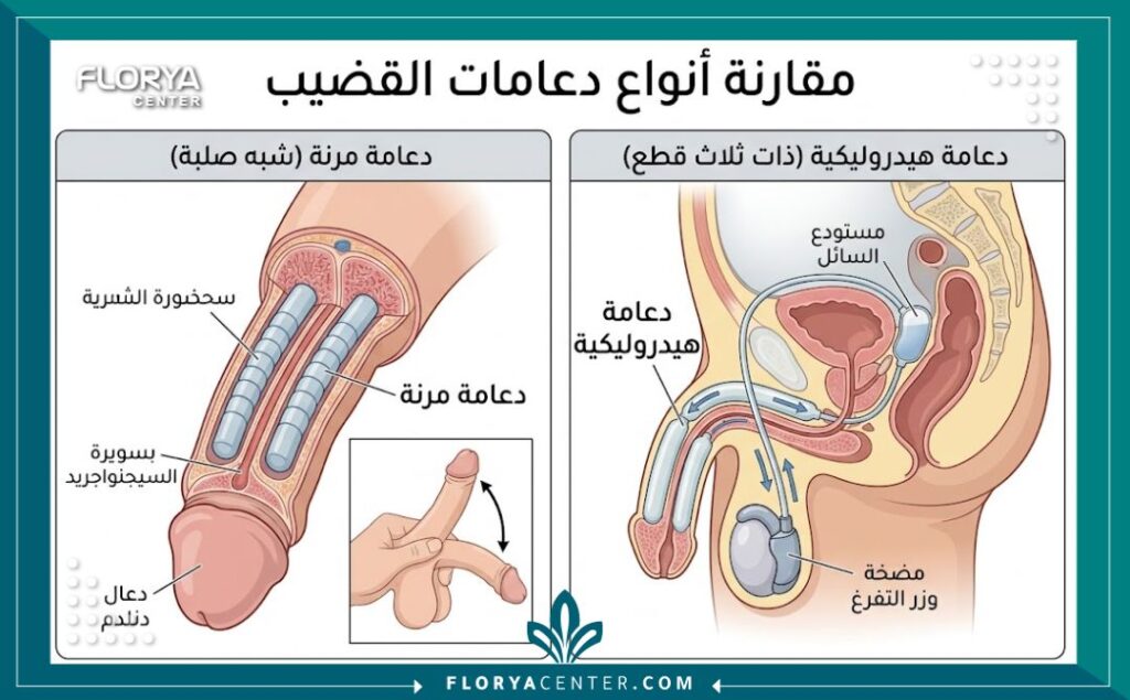 مخطط توضيحي يقارن بين الدعامة المرنة والدعامة الهيدروليكية لعلاج ضعف الانتصاب.
