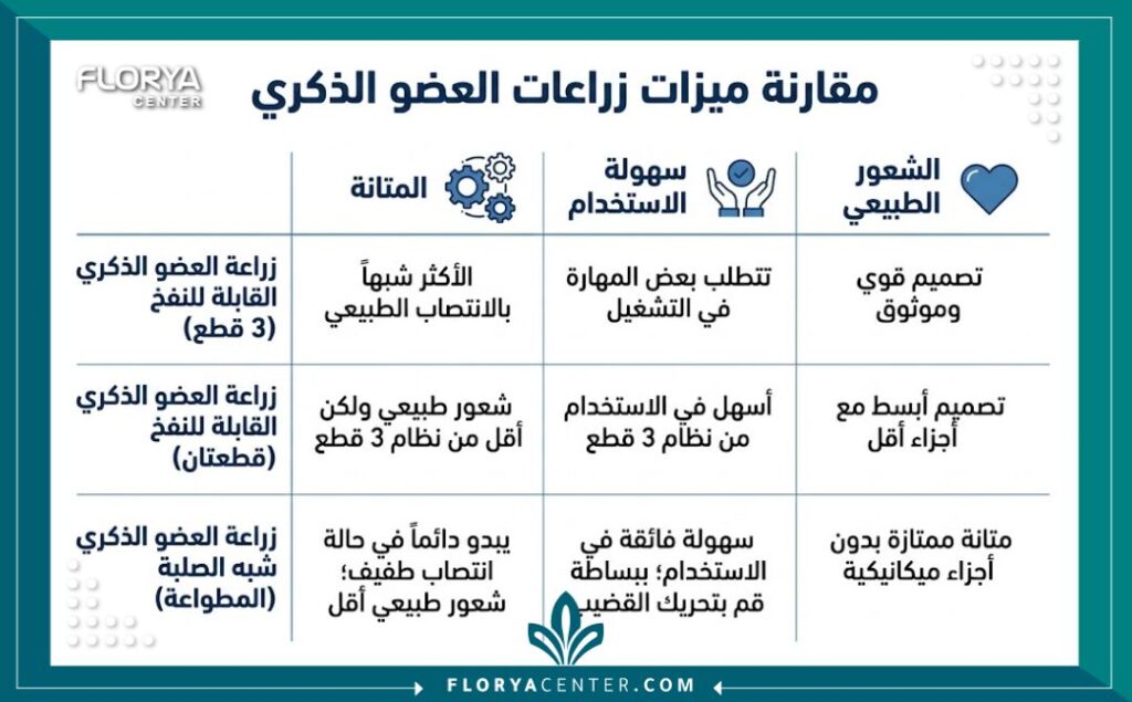 إنفوجرافيك يوضح مقارنة بين مميزات أفضل أنواع دعامات العضو الذكري.