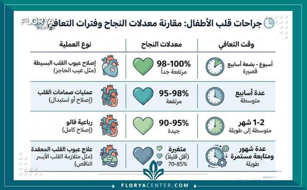انفوجرافيك طبي يوضح نسب نجاح عمليات قلب الأطفال وفترة التعافي المتوقعة وأفضل جراح قلب أطفال.