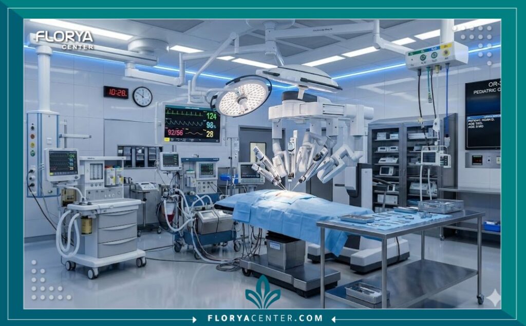 غرفة عمليات قلب أطفال متطورة مجهزة بأحدث التقنيات الطبية والأجهزة الجراحية في مستشفى عالمي.