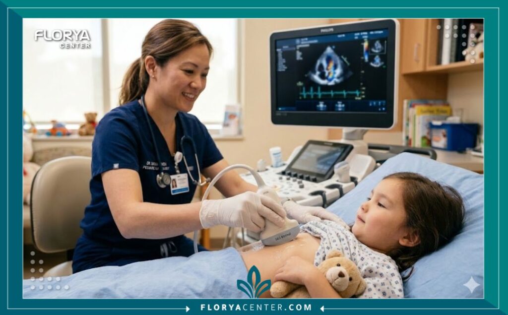 طبيبة قلب أطفال تجري فحص سونار للقلب لطفل باستخدام أجهزة فحص دقيقة وحديثة.
