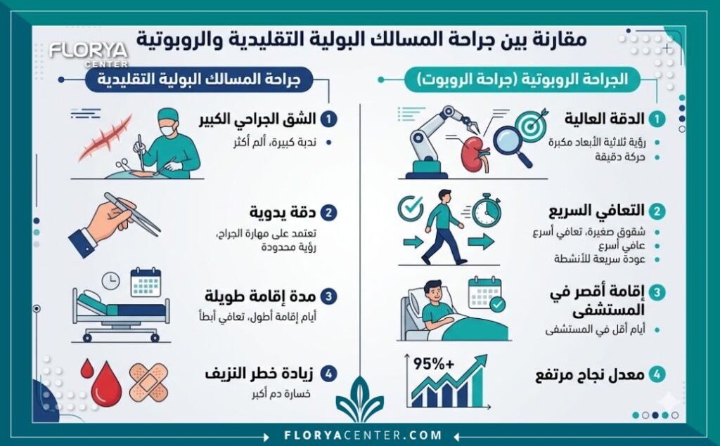 إنفوجرافيك يوضح مزايا جراحة المسالك البولية بالروبوت في تركيا ونسبة النجاح.