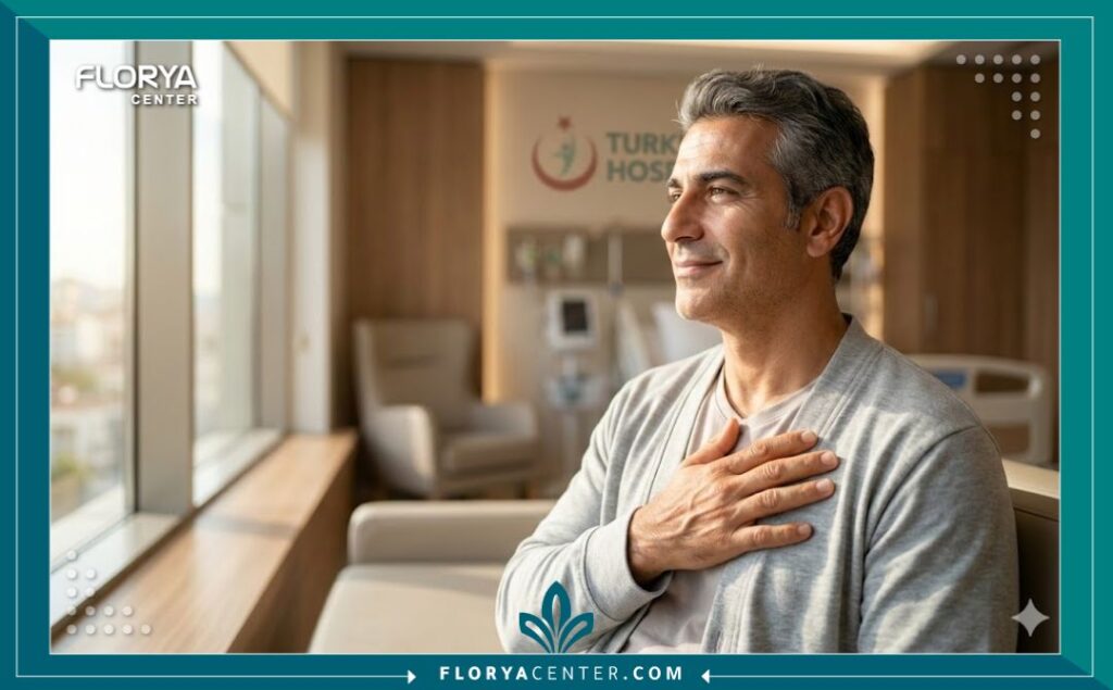 مريض يشعر بالراحة والاطمئنان بعد خضوعه لعلاج ناجح لمشاكل نبض القلب لدى مركز متخصص في تركيا.