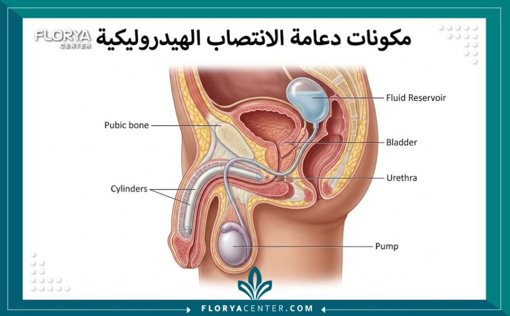 رسم توضيحي طبي يوضح أجزاء دعامة العضو الذكري الهيدروليكية وكيفية زراعتها.