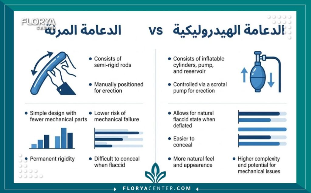 انفوجرافيك مقارنة بين أنواع دعامات الانتصاب المرنة والهيدروليكية ومميزات كل نوع.