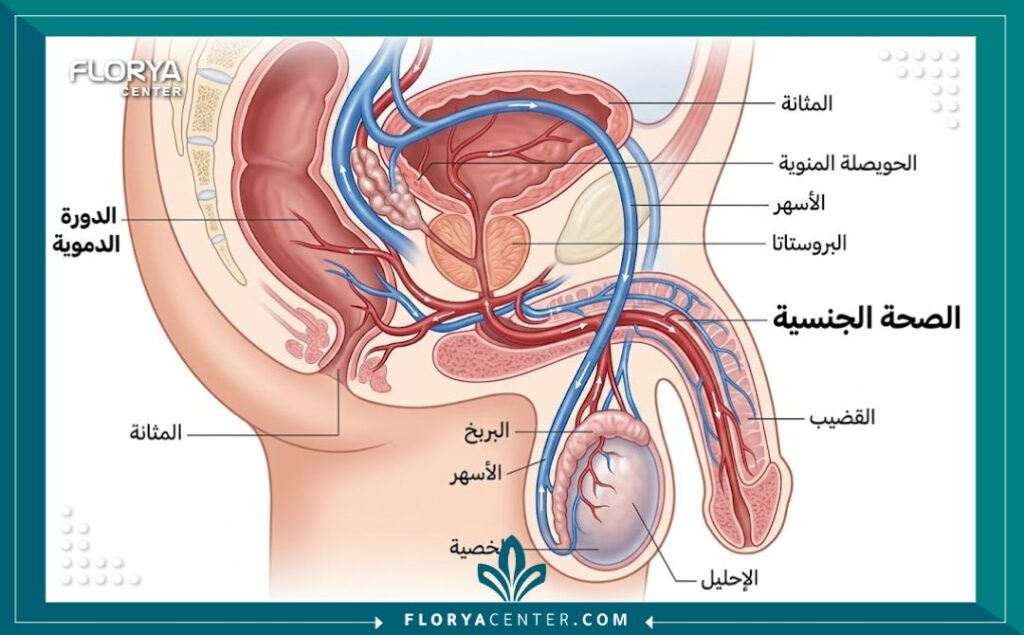 مخطط توضيحي طبي يشرح آلية علاج ضعف الانتصاب في مراكز تركيا المتطورة.