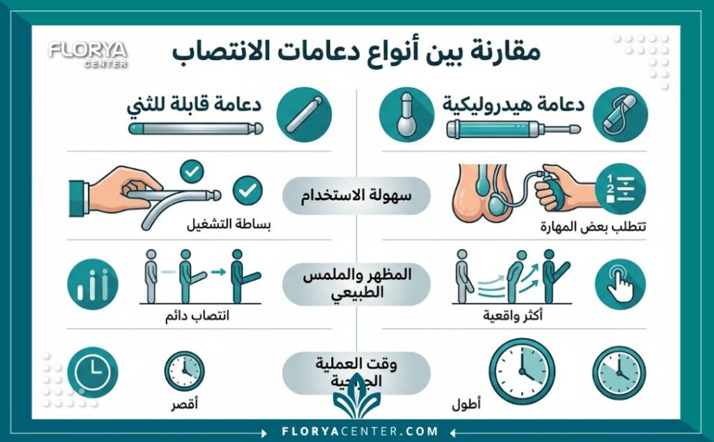 إنفوجرافيك يوضح الفرق بين أنواع دعامات الانتصاب من حيث الكفاءة والمميزات.