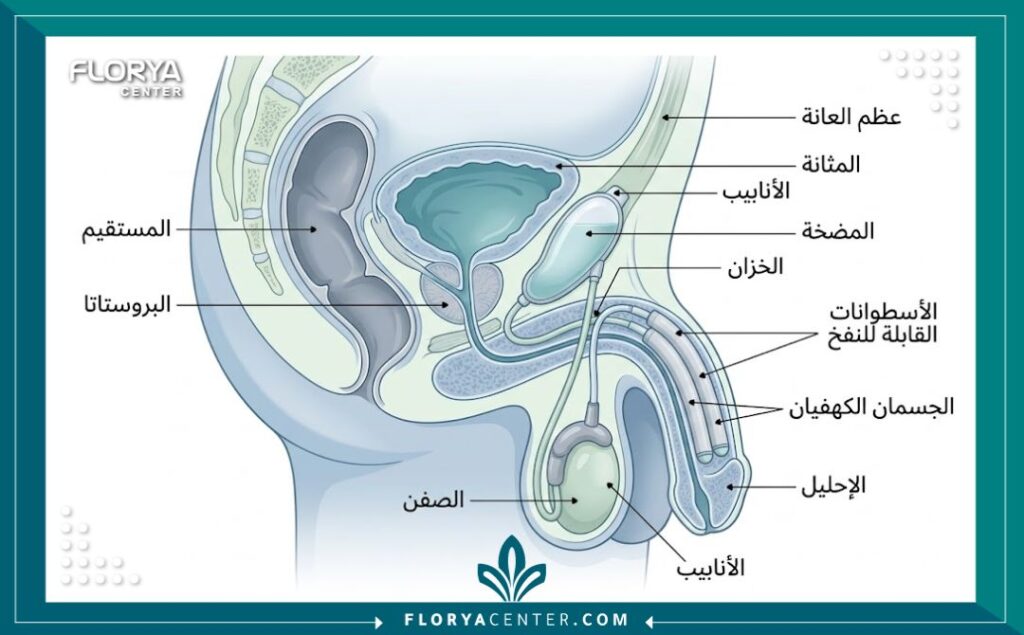 رسم تخطيطي طبي يوضح كيفية تركيب دعامة الانتصاب الأمريكية داخل الجسم.