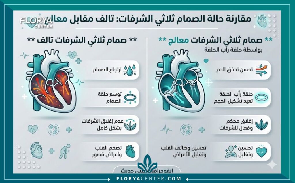 إنفوجرافيك يقارن بين الصمام التالف والذي تم إصلاح الصمام الثلاثي الشرفات باستخدام حلقة تضييق الصمام.