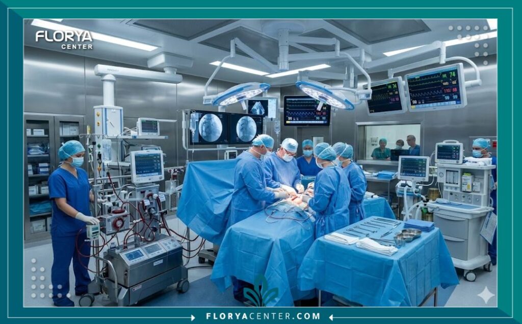 غرفة عمليات جراحة القلب المفتوح المتطورة والمجهزة لإصلاح صمامات القلب.