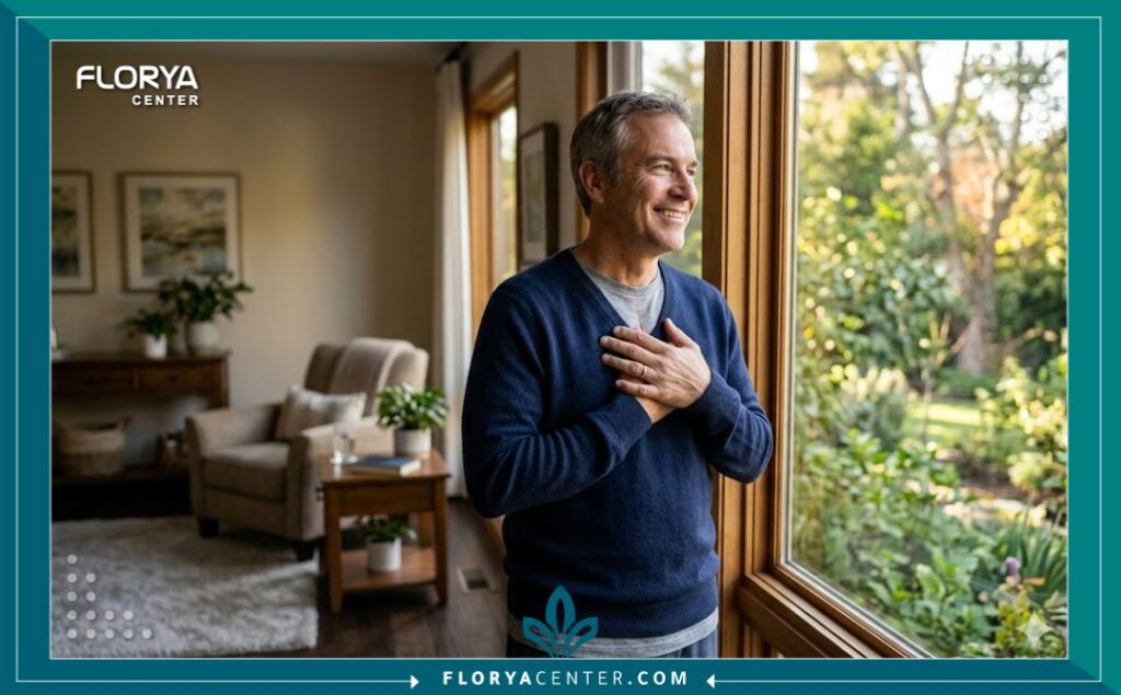 مريض في مرحلة التعافي يشعر بالراحة بعد نجاح عملية إصلاح صمام القلب.