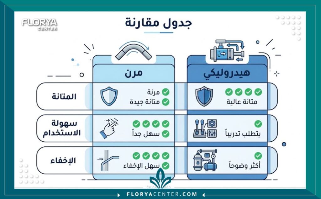 انفوجرافيك يوضح مقارنة شاملة بين مميزات وعيوب والفرق بين الدعامة المرنة والهيدروليكية.