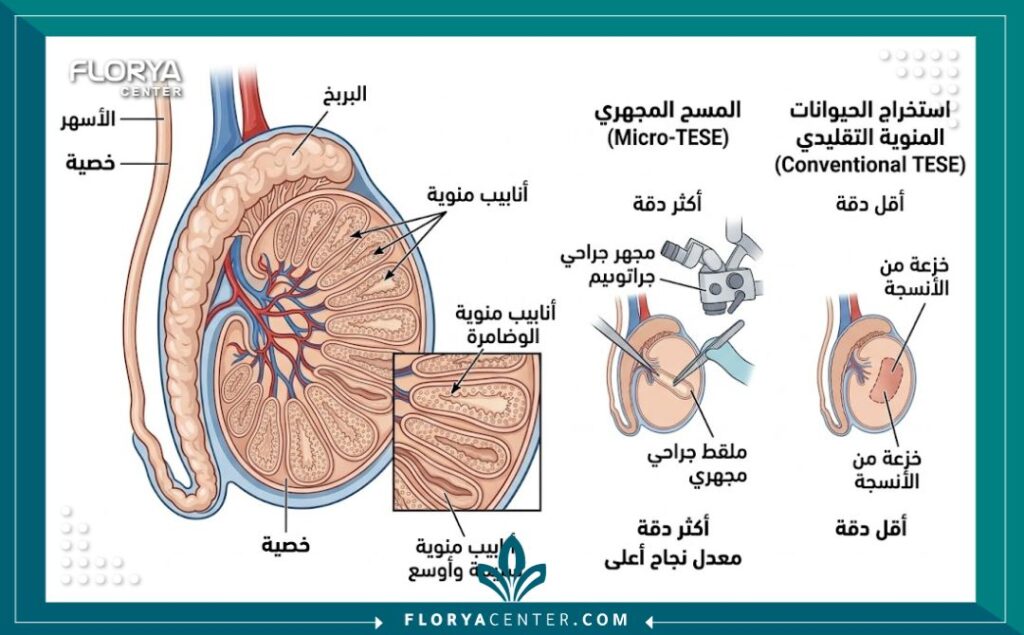 رسم توضيحي طبي يوضح تشريح الخصية وعملية المسح المجهري للخصية (Micro-TESE) لاستخراج الحيوانات المنوية، مع تسميات دقيقة باللغة العربية.