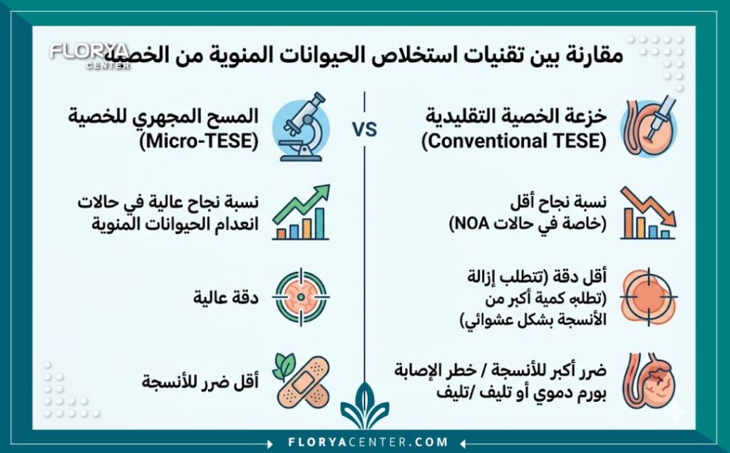 إنفوجرافيك يقارن بين المسح المجهري للخصية (Micro-TESE) وخزعة الخصية التقليدية، موضحاً المزايا ونسب النجاح باللغة العربية لعلاج العقم عند الرجال في تركيا.