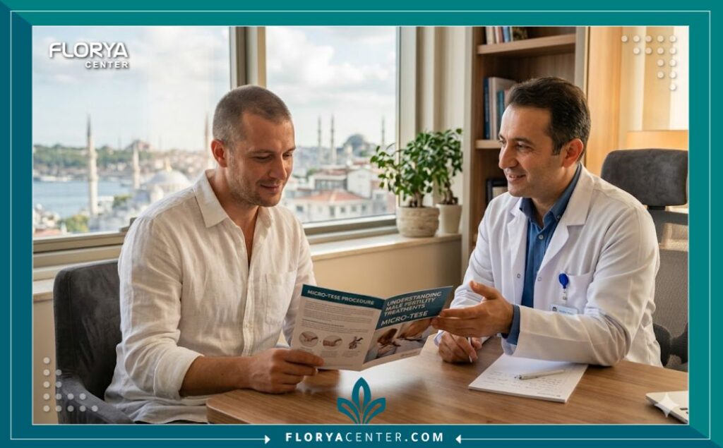 رجل يستشير طبيب خصوبة متخصص في عيادة مريحة في اسطنبول حول عملية المسح المجهري للخصية (Micro-TESE) كعلاج لانعدام الحيوانات المنوية، مع إضاءة طبيعية دافئة.