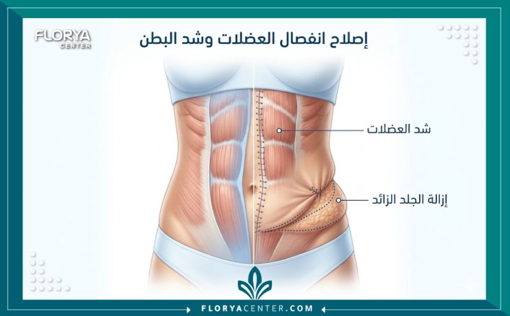 رسم توضيحي طبي لعملية شد البطن وإصلاح انفصال العضلات ضمن باقات التجميل.