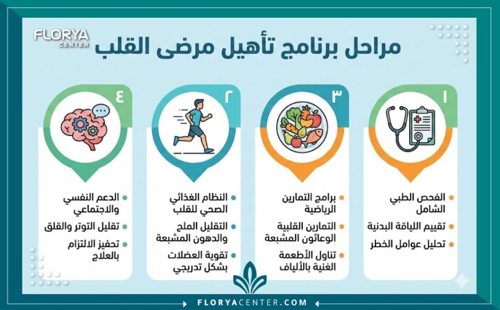 إنفوجرافيك يوضح مراحل برنامج علاج وتأهيل مرضى القلب الأربعة: التقييم، التدريب الرياضي، التغذية، والدعم النفسي.