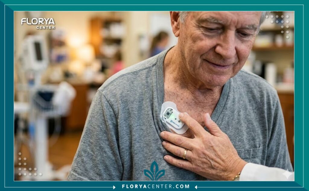 لقطة مقربة لطبيبة تقوم بتركيب جهاز استشعار نبضات القلب لاسلكي لمريض كجزء من برنامج المراقبة عن بعد.