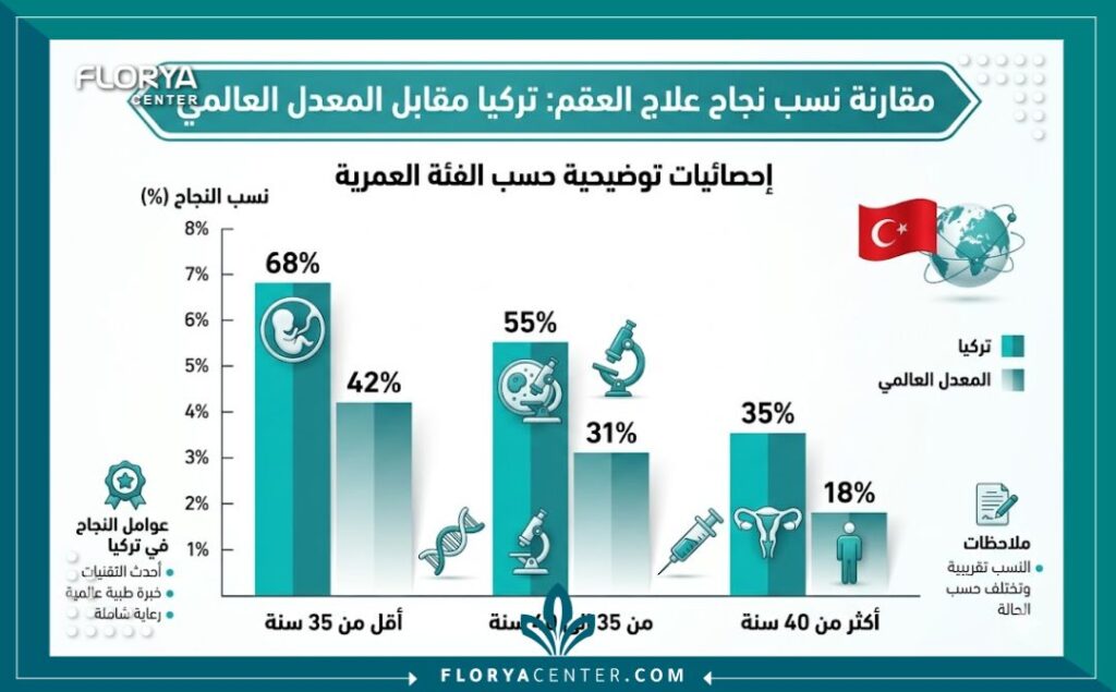 إنفوجرافيك يوضح نسب نجاح علاج العقم والعمليات الجراحية في مراكز الذكورة بتركيا.