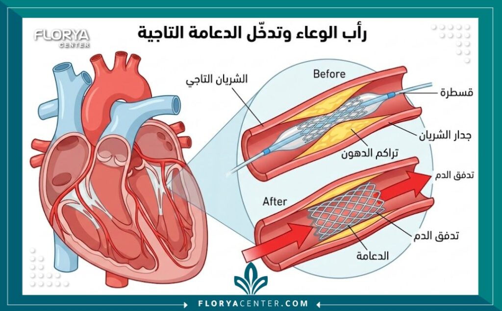 رسم تخطيطي طبي يوضح عملية قسطرة القلب وتركيب الدعامة لعلاج انسداد الشرايين التاجية في تركيا.