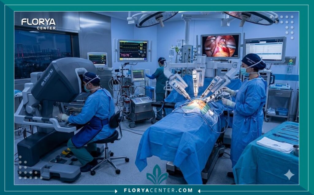 مشهد واقعي من داخل غرفة عمليات متطورة لجراحة القلب في مستشفى بتركيا، يُظهر الطاقم الطبي والمعدات الحديثة.