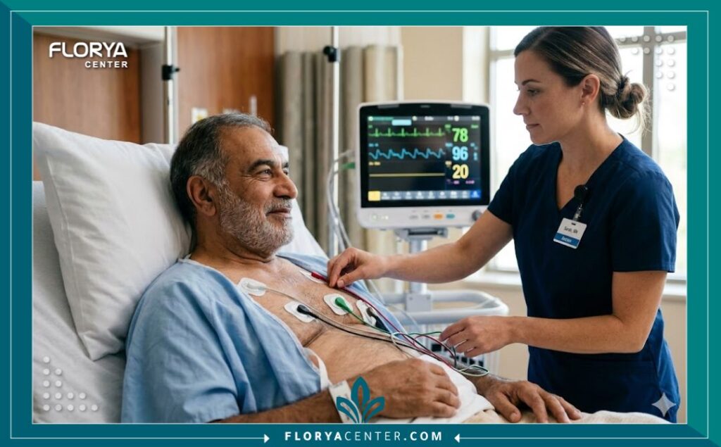 لقطة مقربة لمريض يتلقى تخطيطًا للقلب (ECG) كجزء من إجراءات التشخيص ضمن باقة علاج القلب في تركيا.