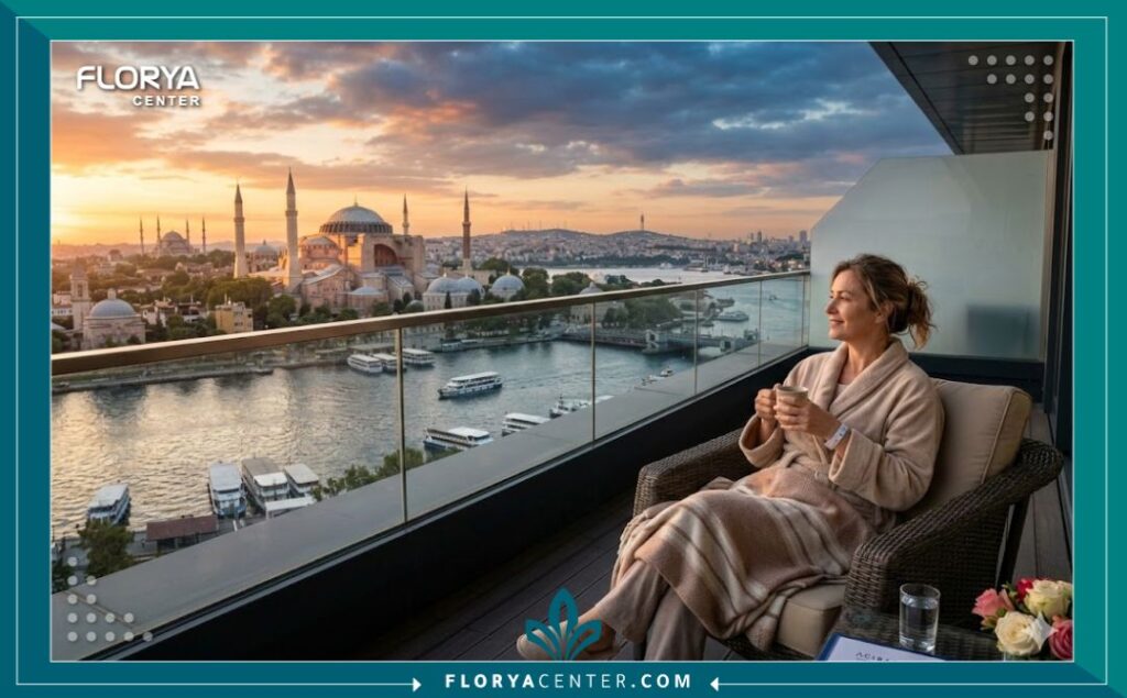 مشهد مريح من جناح تعافي في مستشفى بإسطنبول، يطل على آيا صوفيا ومضيق البوسفور، يُظهر بيئة النقاهة ضمن بكج علاج القلب في تركيا.