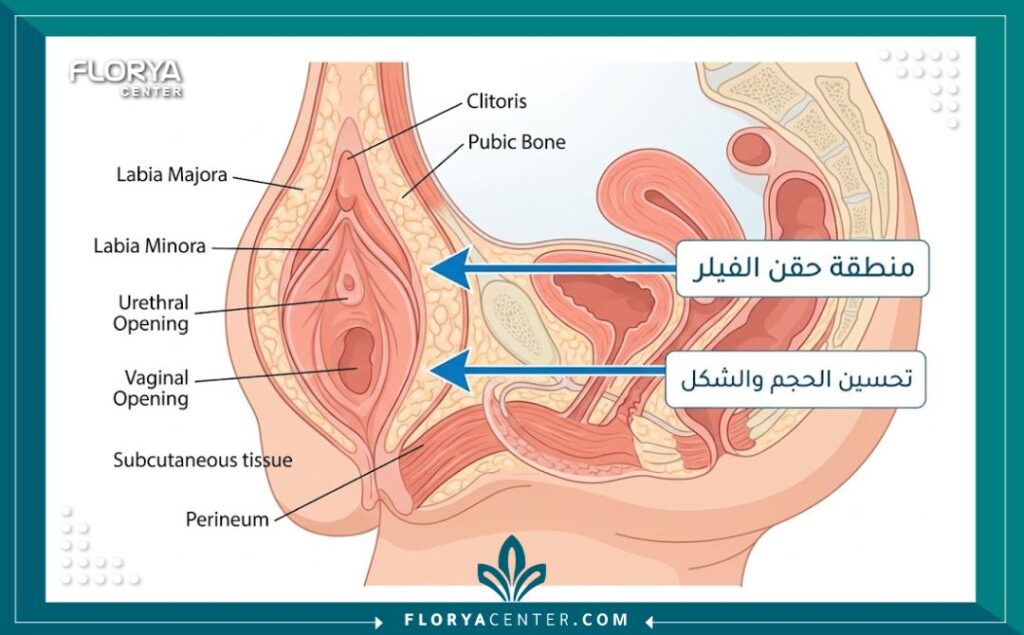 مخطط توضيحي طبي يوضح أماكن حقن فيلر الشفرات لتحسين المظهر الخارجي.