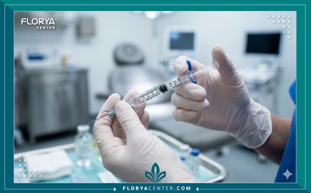 طبيبة متخصصة تجهز حقن الفيلر لإجراء عملية تجميل الشفرات في بيئة طبية معقمة.