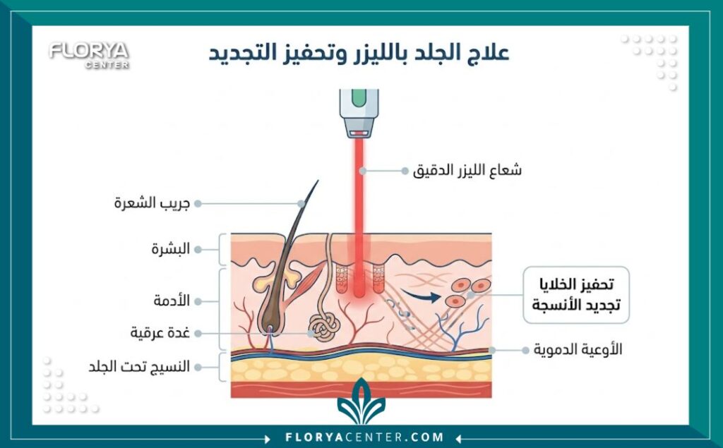 رسم توضيحي يظهر كيفية تأثير الليزر على الأنسجة في عملية تجميل الأشفار.