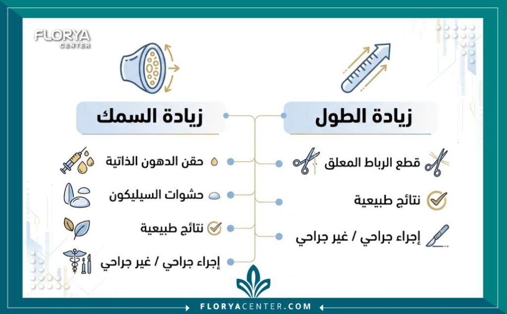 إنفوجرافيك يوضح الفرق بين طرق زيادة سمك وطول العضو الذكري في تركيا، بما في ذلك حقن الدهون وقطع الرباط.