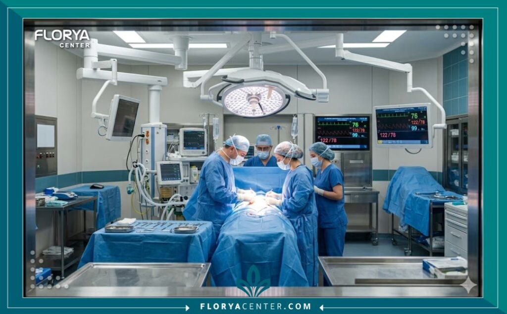 غرفة عمليات حديثة ومعقمة في مستشفى تركي مع طاقم جراحي متخصص، تبرز معايير السلامة والاحترافية جراحة تجميل الرجال.