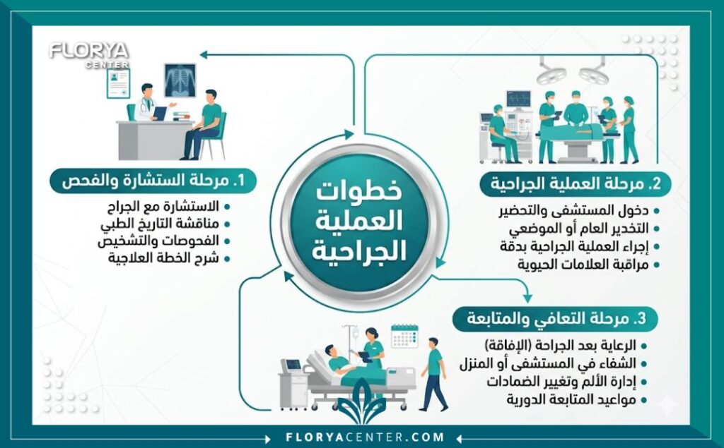 إنفوجرافيك طبي يوضح مراحل عملية تجميل المناطق الحساسة جراحياً.