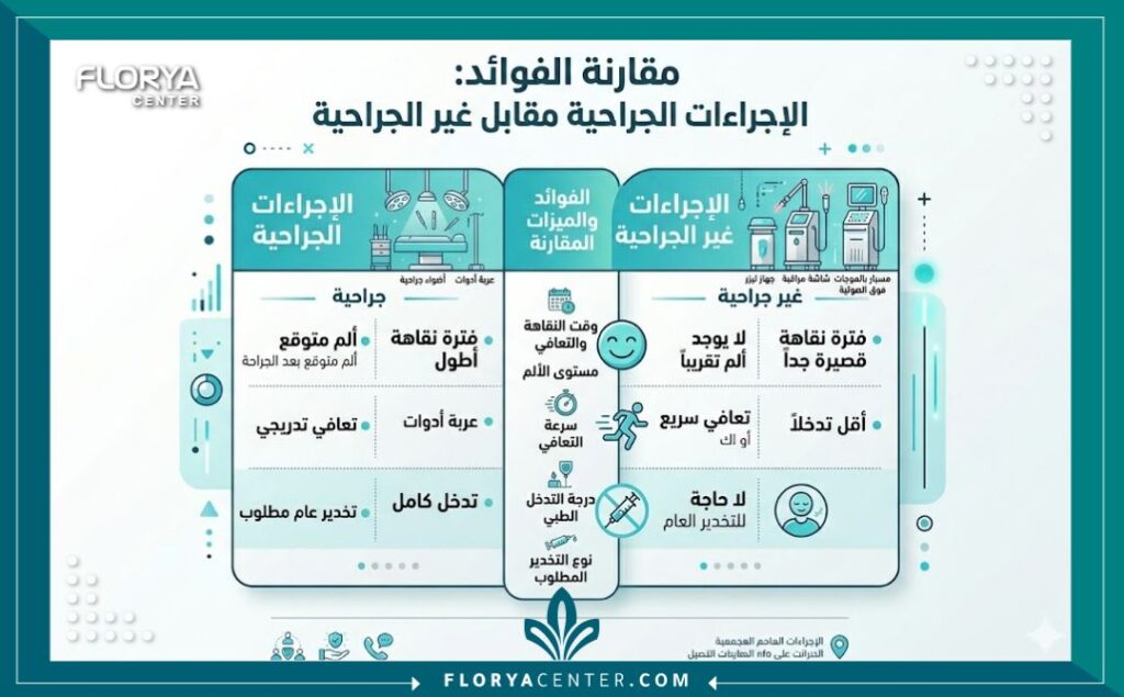 إنفوجرافيك يوضح مميزات تجميل المهبل بدون جراحة مقارنة بالعمليات التقليدية.