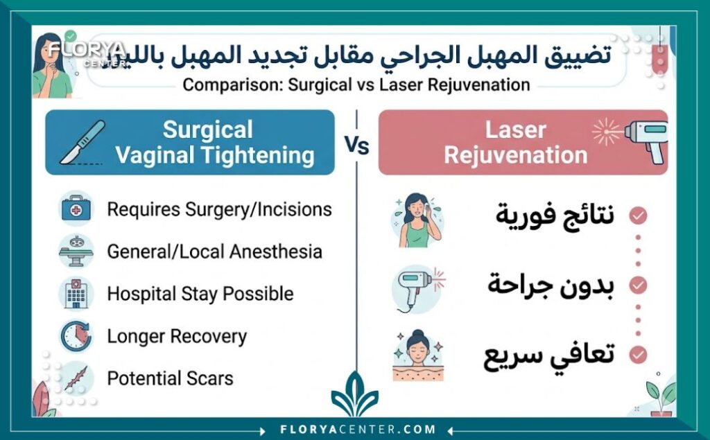 إنفوجرافيك يقارن بين تجميل المهبل في تركيا جراحياً وبالليزر في مراكز تركيا الطبية.