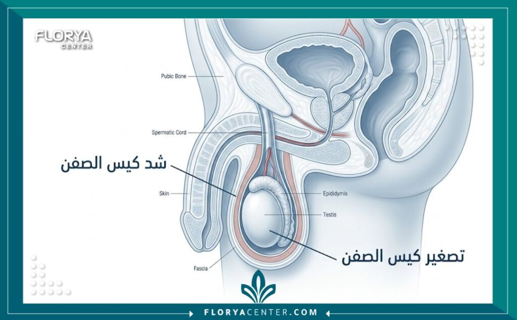 مخطط تشريحي طبي يوضح مناطق التدخل الجراحي في عملية تجميل وشد كيس الصفن مع تسميات بالعربية.