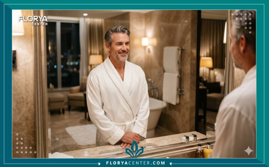 رجل يشعر بالثقة والرضا عن مظهره بعد نجاح عملية تجميل كيس الصفن في إسطنبول.