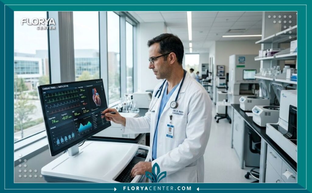 طبيب متخصص يراجع نتائج تحليل إنزيمات القلب في مختبر مستشفى حديث ومتطور.