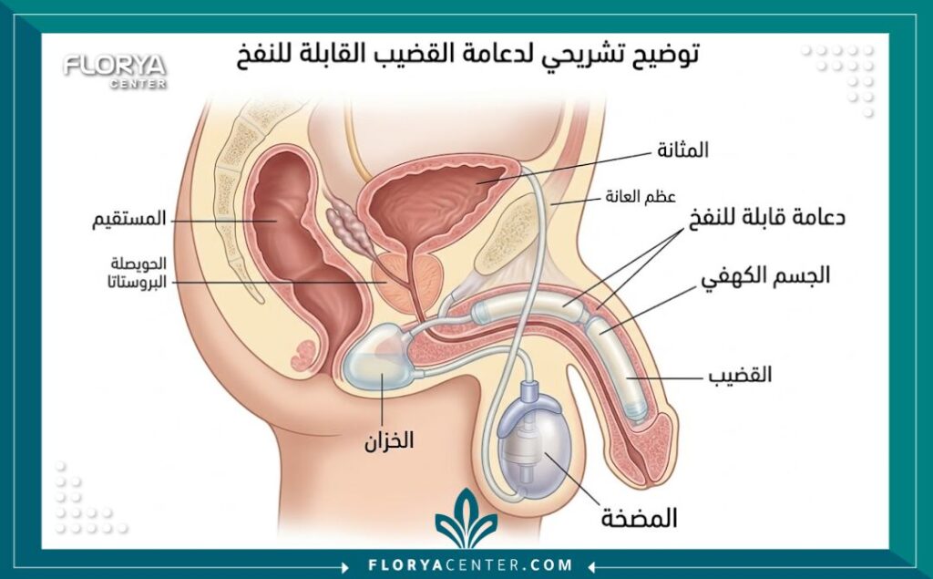 رسم توضيحي طبي يوضح تشريح العضو الذكري ومكان توضع دعامة الانتصاب.