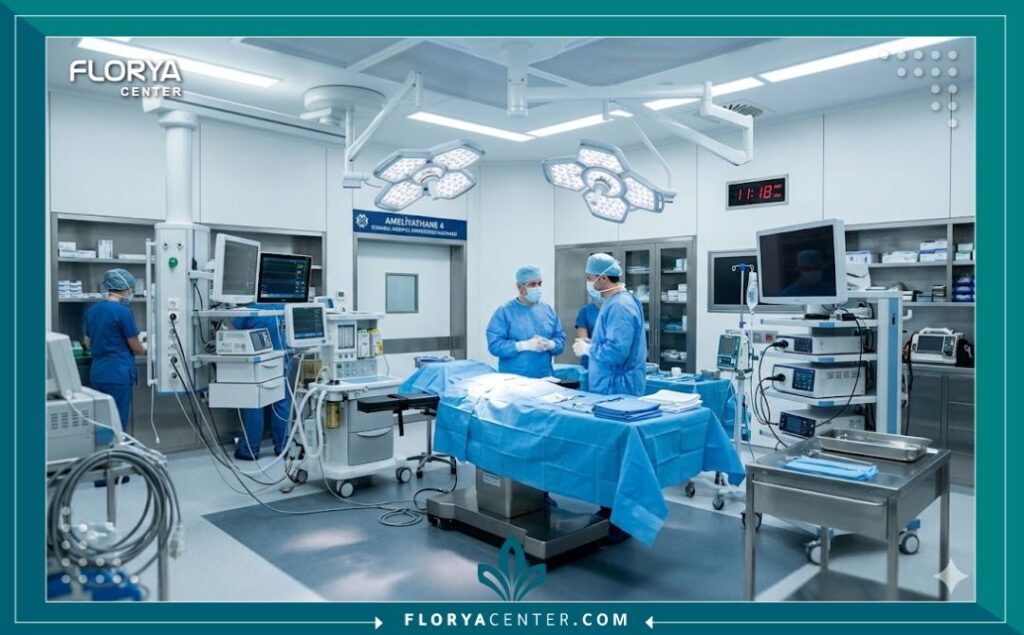 غرفة عمليات معقمة ومجهزة بأحدث التقنيات الطبية لعمليات التجميل النسائية في اسطنبول.