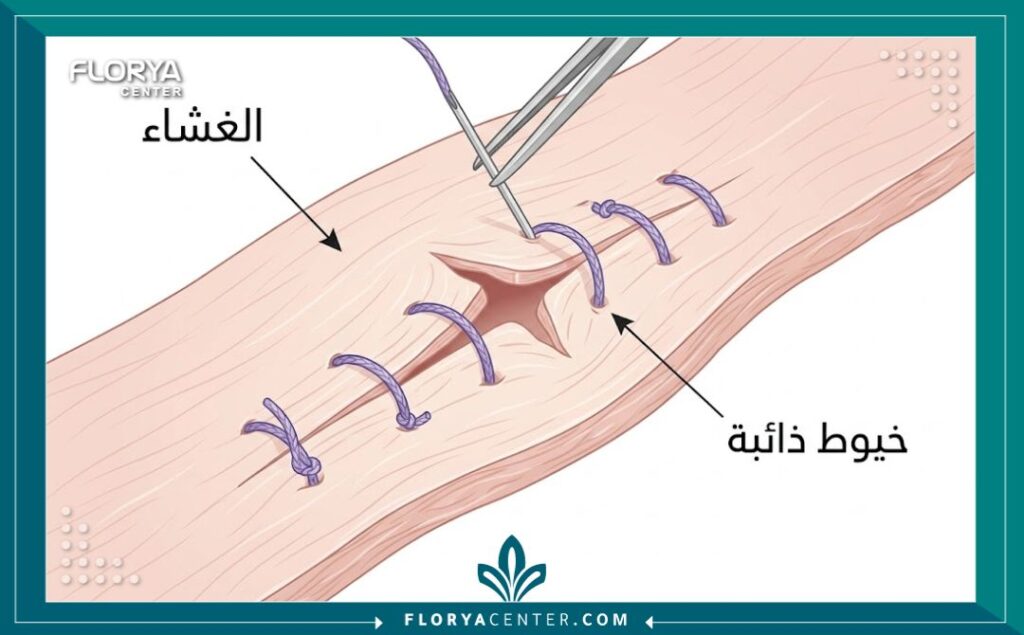 مخطط طبي توضيحي يبيّن آلية التئام الأنسجة عند استخدام الخيوط التي تذوب تلقائياً في عملية الترميم.